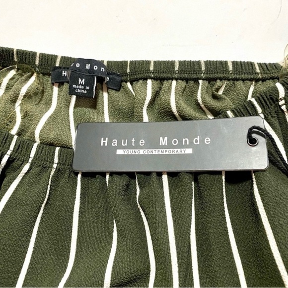 Haute Monde Dark Olive Striped Jumpsuit Size Medium Wide Legs Elastic Waist - Picture 10 of 15